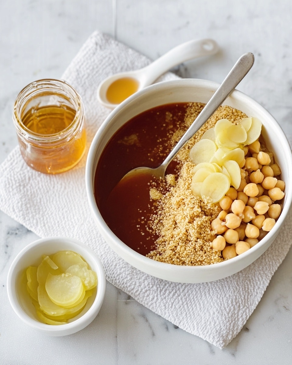 A white bowl filled with three layers: a deep reddish-brown thick soup covering most of the bowl, topped on one side with a light beige grainy layer, and on another side, yellowish slices of ginger and whole light beige chickpeas. A silver spoon rests inside the bowl, leaning against the side. The bowl sits on a white textured cloth on a white marbled surface. Beside the bowl, there is a small clear glass jar filled with golden honey, and a small pale green bowl holding more yellowish sliced ginger. Photo taken with an iphone --ar 4:5 --v 7