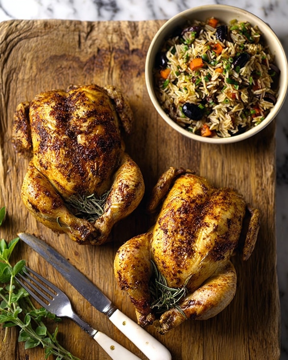 The image shows two whole roasted chickens with golden brown, crispy skin placed side by side on a wooden cutting board. Each chicken has a slightly charred, seasoned crust with visible herbs tucked near the legs. To the right of the chickens, there is a white bowl filled with a colorful mixture of rice, black olives, green herbs, and orange bits, giving it a textured, fresh look. A white-handled fork and knife lie next to the bowl on the wooden board. Fresh green herb sprigs sit near the bottom left corner of the cutting board. The background is a white marbled texture. photo taken with an iphone --ar 4:5 --v 7