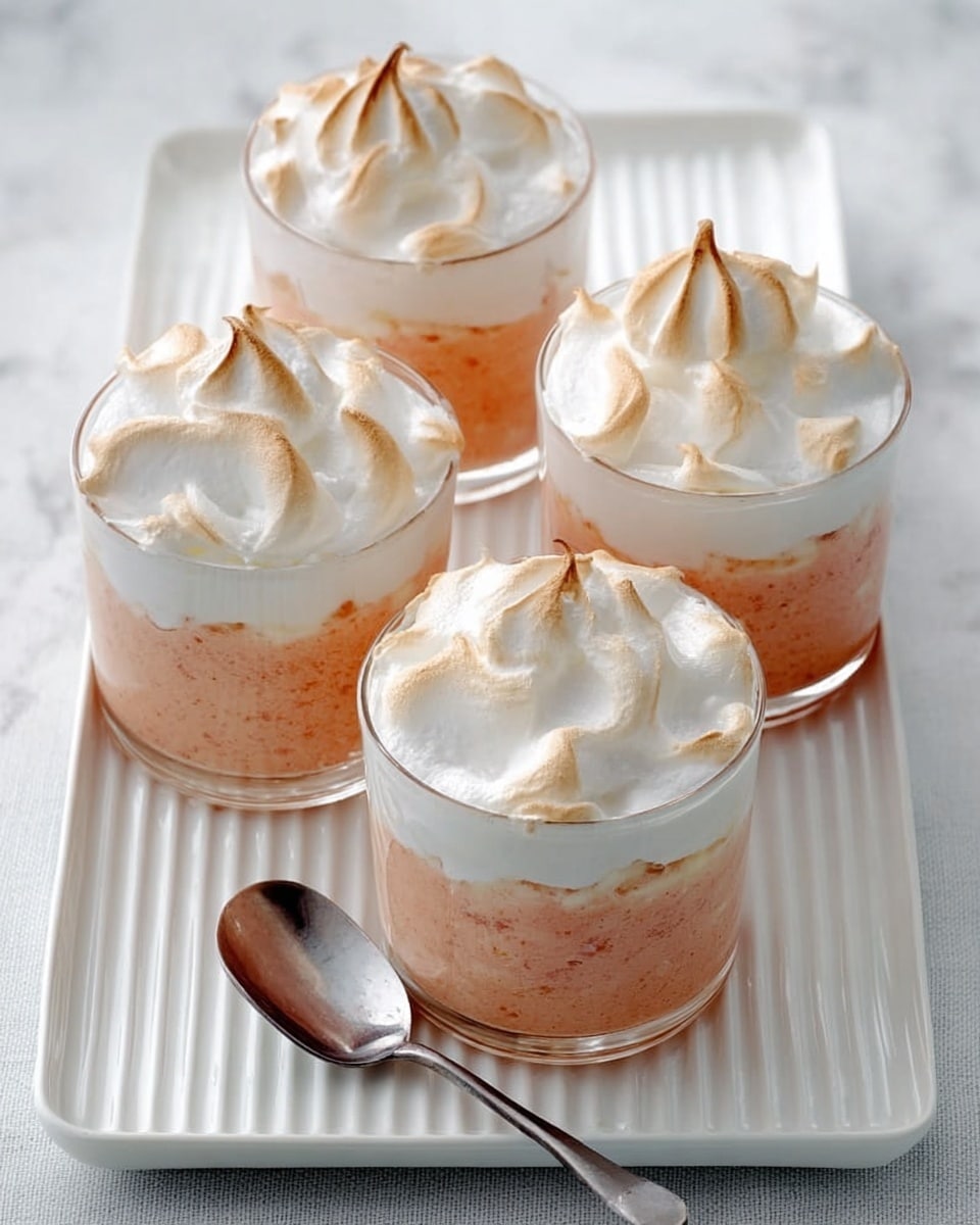 The image shows four small clear glass cups filled with two layers of dessert placed on a white marbled surface. The bottom layer is a soft, smooth pinkish-orange pudding with a creamy texture, while the top layer is a thick, fluffy white meringue with golden-brown toasted peaks, giving a light and airy appearance. The cups are arranged in a square shape with a small silver spoon placed centrally between the upper two cups on a white rectangular tray with lines. photo taken with an iphone --ar 4:5 --v 7
