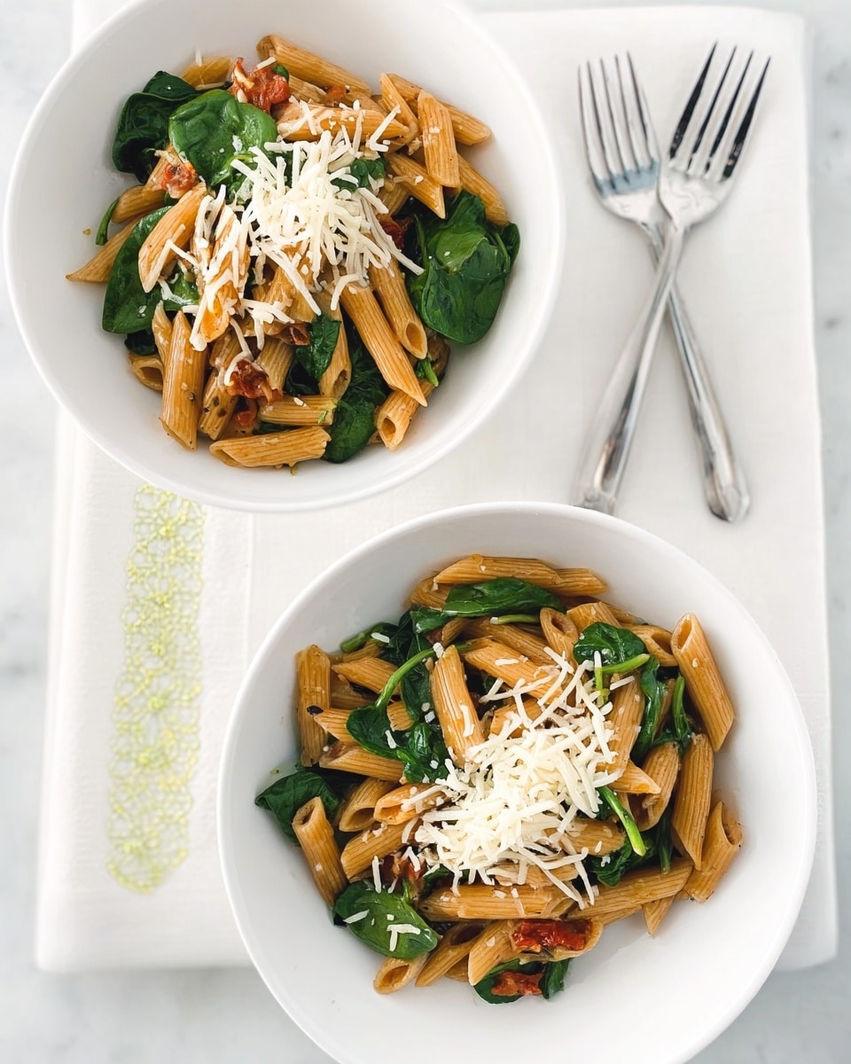 Two white bowls each hold a pasta dish with penne pasta in a reddish-brown sauce mixed with green spinach leaves and small pieces of orange vegetable, topped with a sprinkle of shredded white cheese. The bowls are placed on a white tray with a white cloth napkin that has green and yellow embroidery beside them. Two silver forks rest above the bowls on a white marbled surface. The photo is bright, with soft natural lighting highlighting the colors and textures. photo taken with an iphone --ar 4:5 --v 7