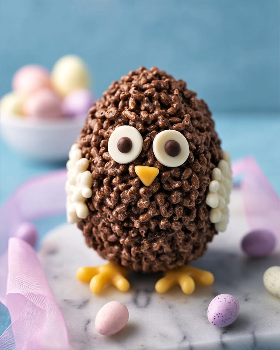 The image shows a large egg-shaped treat made of chocolate-covered puffed rice, giving it a rough, textured surface. It has two round white chocolate pieces with small dark chocolate dots in the center as eyes, and a simple smiling mouth and arms drawn with white chocolate. The egg sits on a group of small yellow candy pieces, arranged like little feet. Around the base, there are small pink, white, and purple candy eggs, along with a soft pink ribbon on a white marbled surface. In the background, a white bowl filled with pastel-colored eggs is softly blurred. photo taken with an iphone --ar 4:5 --v 7