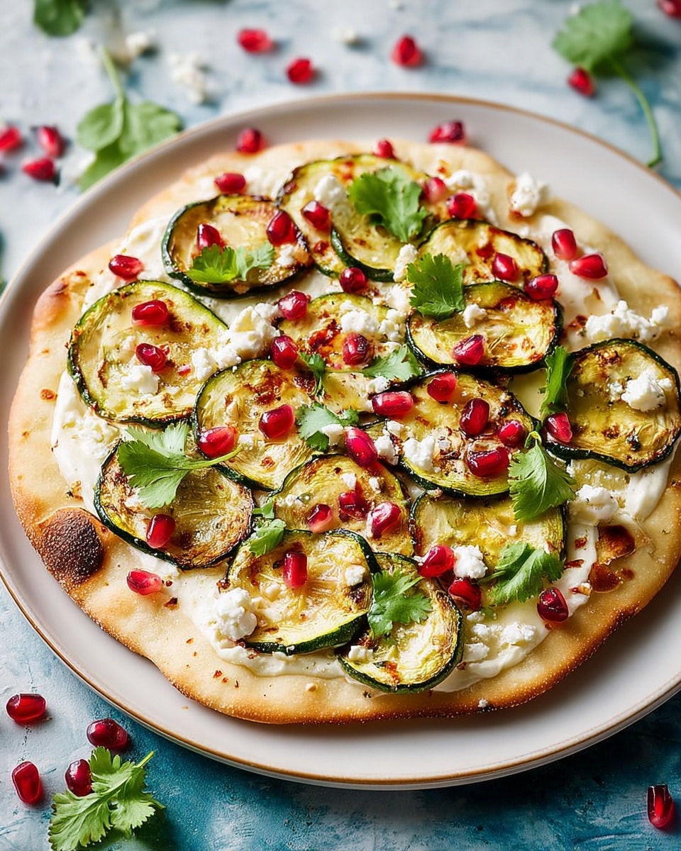 A round flatbread pizza sits on a white plate, placed on a white marbled surface. The flatbread base is light golden brown with some raised, puffy edges. Spread evenly on top is a creamy white sauce layer, smooth in texture. Over this, there are many roasted, slightly browned, green zucchini slices arranged in a scattered but full layer. Crumbled white cheese is scattered across the zucchini slices, adding a rough texture contrast. Bright red pomegranate seeds are sprinkled generously, adding pops of color throughout the pizza. Fresh green cilantro leaves are placed in small bunches on top, adding a leafy and fresh look to the dish. Photo taken with an iphone --ar 4:5 --v 7
