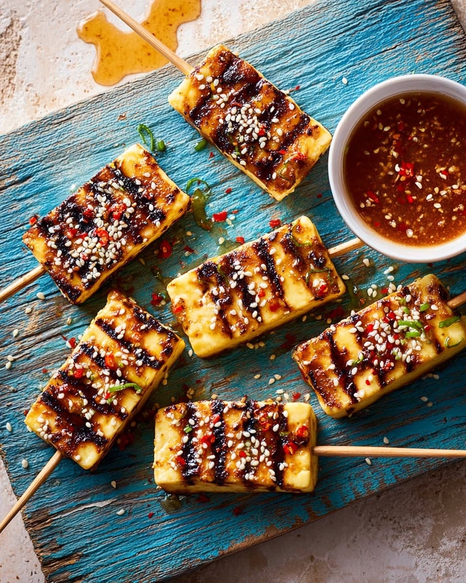 The image shows several skewers of grilled cheese cubes placed on a rustic blue wooden board. Each skewer holds three to four rectangular pieces of cheese with golden brown grill marks and a sprinkle of white sesame seeds and red chili flakes on top. The cheese pieces have a slightly crispy texture on the outside. There is a white bowl filled with a red dipping sauce dotted with sesame seeds and chili flakes near the bottom right corner. A grilled piece of pineapple is partially visible at the top left part of the board. The background surface is a white marbled texture. Photo taken with an iphone --ar 4:5 --v 7