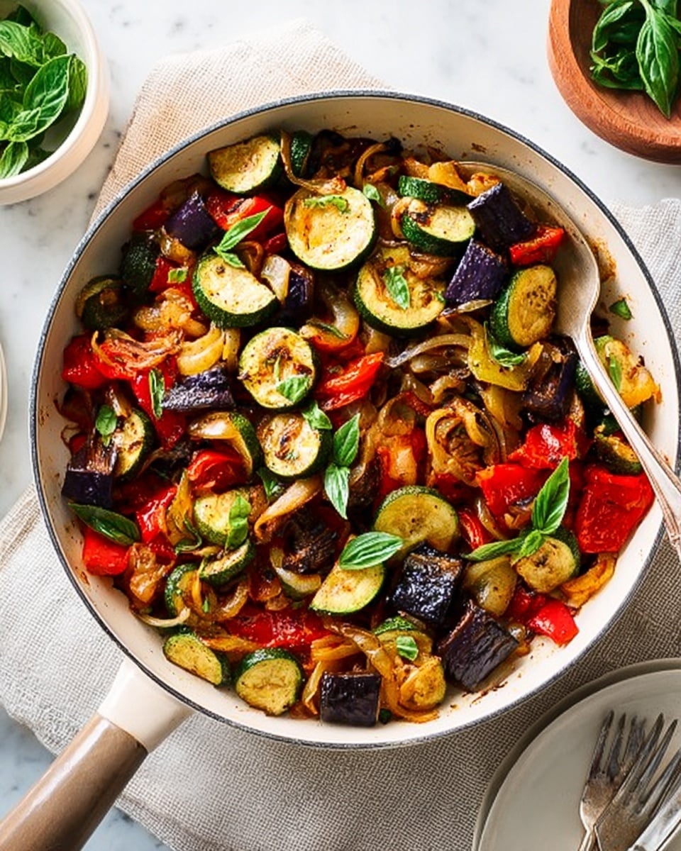 A white pan filled with a mix of cooked vegetables, showing three main layers: small round slices of green zucchini with light grill marks scattered throughout, dark purple eggplant pieces cut into irregular shapes, and chunky pieces of red and yellow bell peppers adding bright color. Light brown cooked onion slices are mixed evenly among the vegetables, and fresh green basil leaves are sprinkled on top for a fresh touch. A silver spoon rests partially in the pan on a white cloth, placed on a white marbled surface. Nearby, a small bowl with green leaves and a white plate with cutlery are partly visible. Photo taken with an iphone --ar 4:5 --v 7