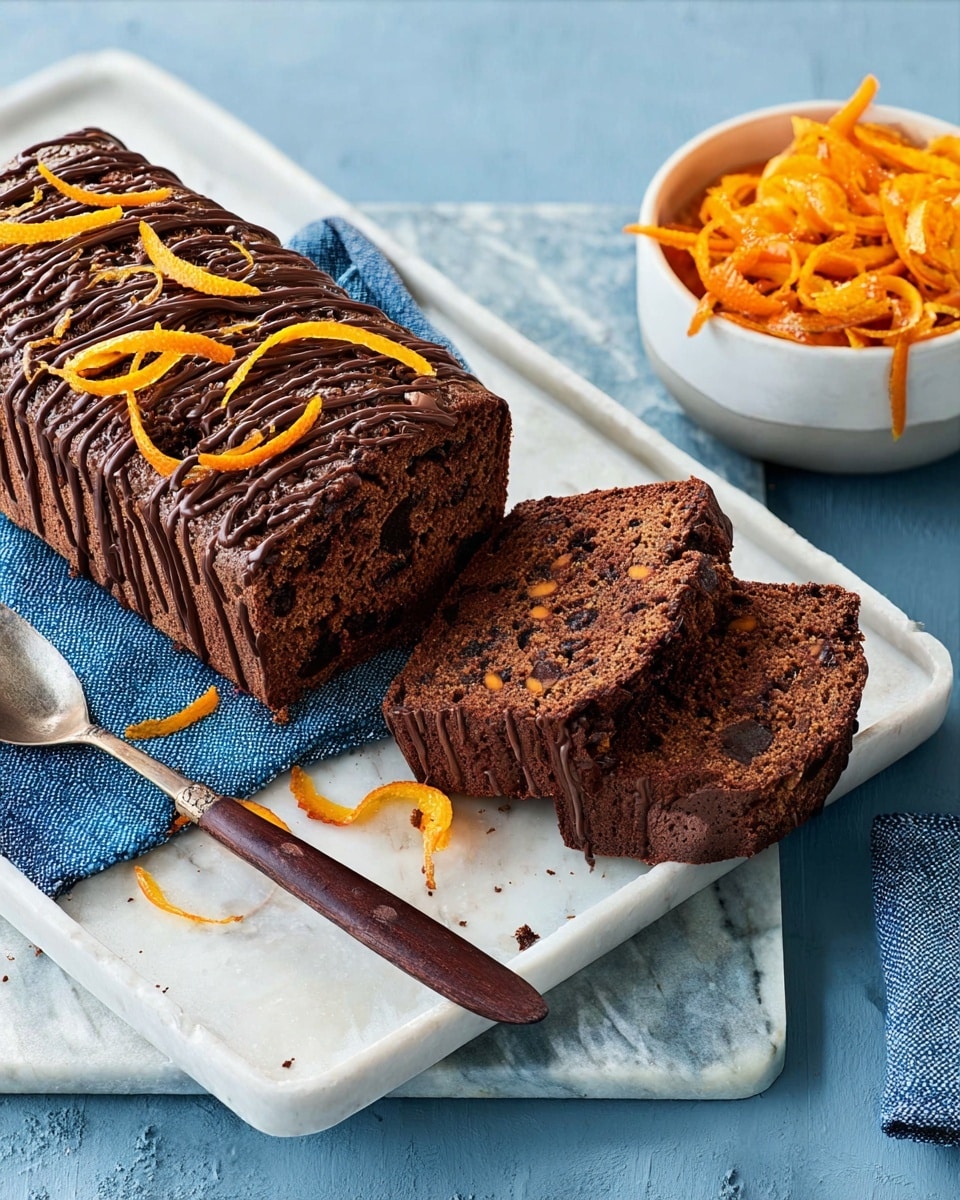 A loaf of chocolate bread with two slices cut and laid in front, all on a white tray with chocolate drizzles both on the bread and tray edges. The bread is deep brown with visible chocolate chips and a rough texture. On top, there are thin orange peel strips scattered, adding bright orange color contrast. Next to the tray is a white bowl filled with more orange peel strips on a blue cloth, placed on a white marbled surface. A spoon with a dark wooden handle is on the tray's corner. photo taken with an iphone --ar 4:5 --v 7