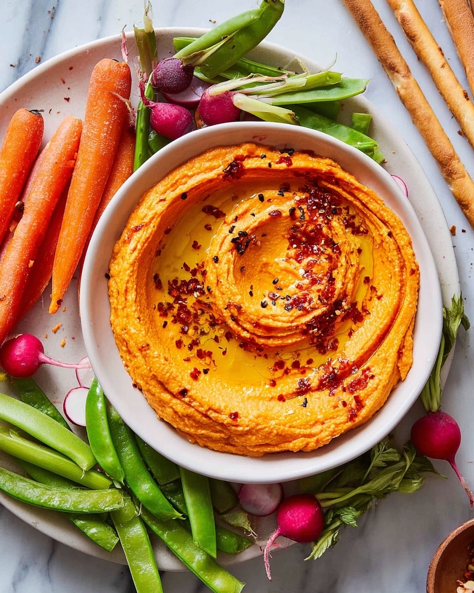 A round white bowl filled with a creamy, smooth orange dip swirled in a spiral, topped with a sprinkle of dark red spice and a drizzle of oil that pools in the center. The bowl is placed on a larger white plate, surrounded by fresh crisp vegetables including thin orange carrots with green tops, bright radishes in red and white, dark purple baby carrots, green snap peas, and fennel stalks with feathery green leaves. The plate sits on a white marbled surface with some breadsticks partially visible at the top left corner. photo taken with an iphone --ar 4:5 --v 7