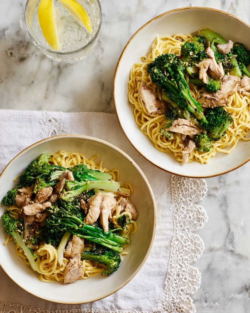 Two white bowls sit on a white marbled surface, each filled with a noodle dish. The base layer is golden yellow noodles, coiled loosely with a smooth texture. On top, there are pieces of light brown grilled chicken scattered unevenly. Bright green broccoli florets and leafy bok choy are placed around and on top of the noodles, adding vibrant color and a fresh texture. One bowl rests on a white cloth with lace edges, and a glass of sparkling water with a lemon slice is visible at the top right. photo taken with an iphone --ar 4:5 --v 7