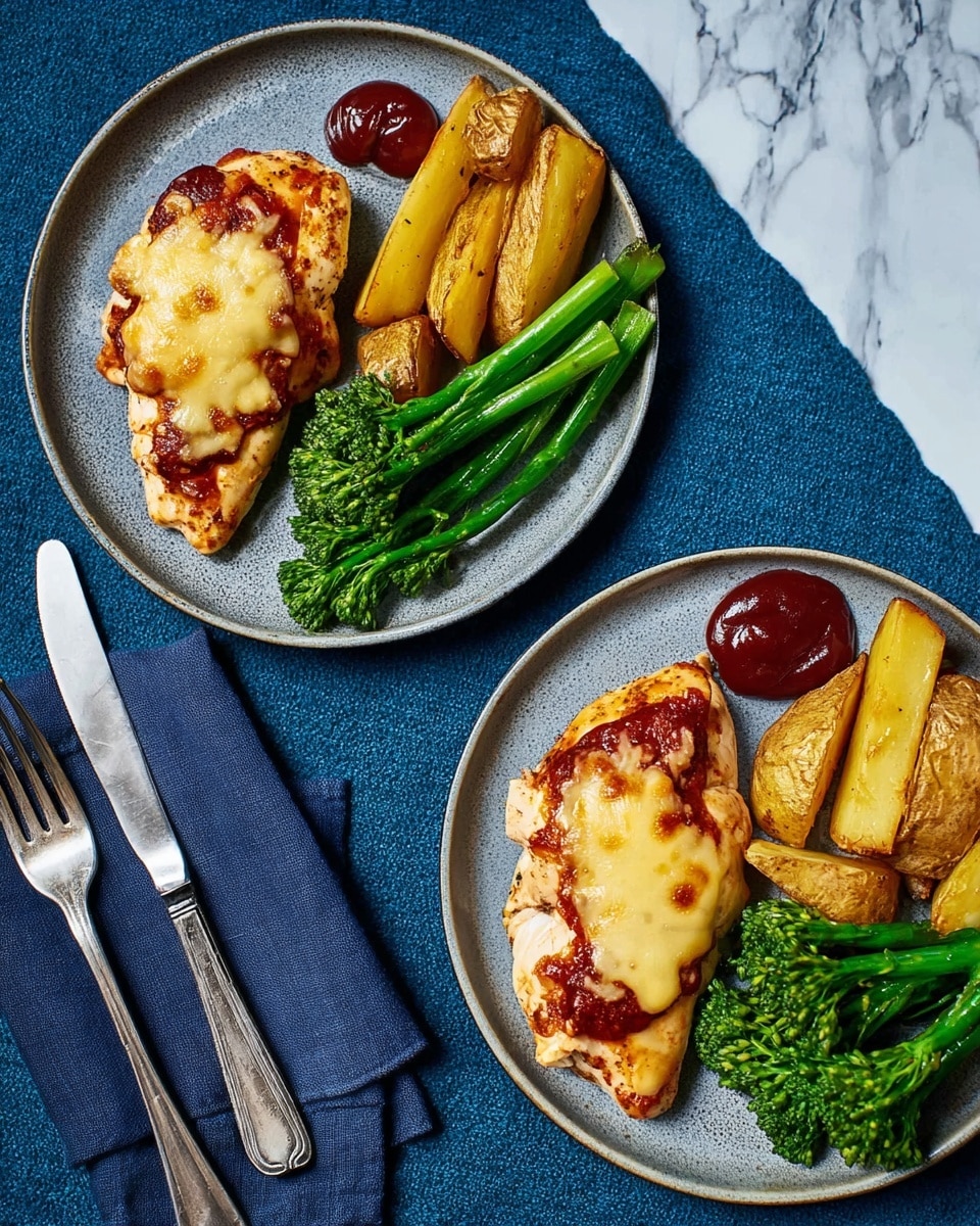 Two white plates sit on a dark blue cloth over a white marbled surface, each holding a meal of three parts. On the right side of each plate, there is a piece of light golden chicken breast topped with melted pale yellow cheese and streaks of red sauce. Next to the chicken, on the left side, there are three golden roasted potato wedges with a slight crisp texture. Near the potatoes, bright green broccoli stems curve gently with a fresh, slightly wet look. A small dollop of rich dark red sauce rests by the potatoes on each plate. To the right of the plates, there are three silver forks and two silver knives placed on a folded dark blue napkin. Photo taken with an iphone --ar 4:5 --v 7