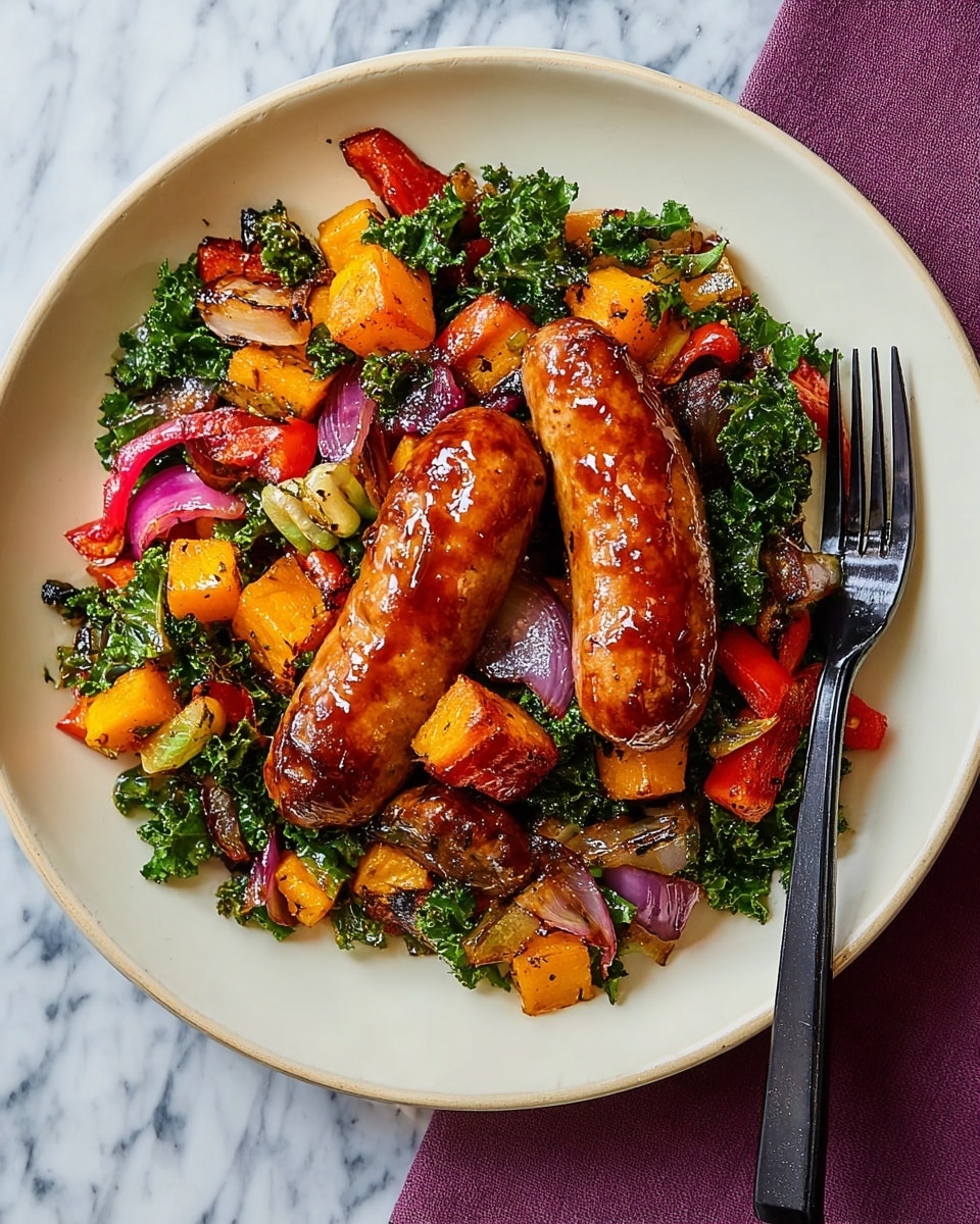 A dish served on a white plate shows two browned, glazed sausages placed in the center. Underneath and around them is a colorful mix of roasted vegetables: bright orange cubed squash, dark green curly kale pieces, red bell pepper chunks, and slices of red onion with a slightly charred texture. The vegetables and sausages have a shiny, cooked look with a mix of soft and crisp textures. The plate sits on a white marbled surface with a silver fork to the right. Photo taken with an iphone --ar 4:5 --v 7