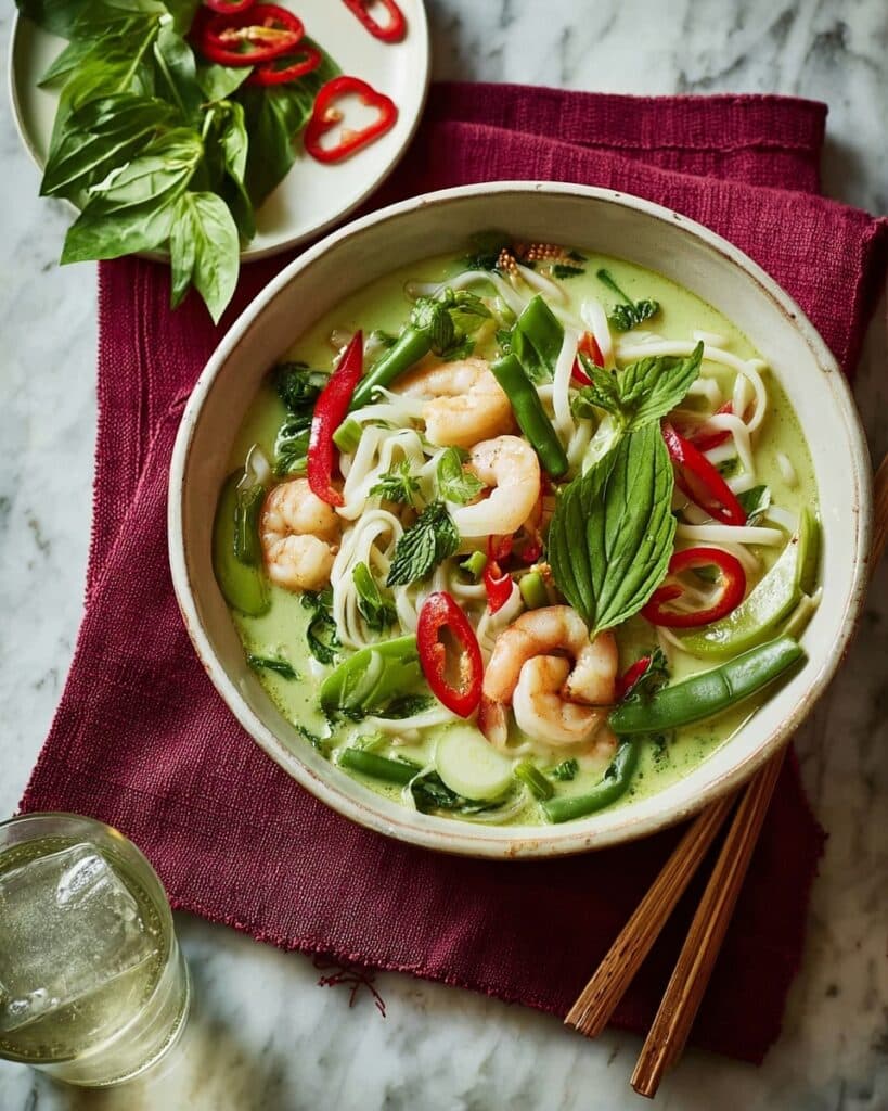 Thai Green Curry Noodle Soup with Prawns and Fresh Herbs Recipe