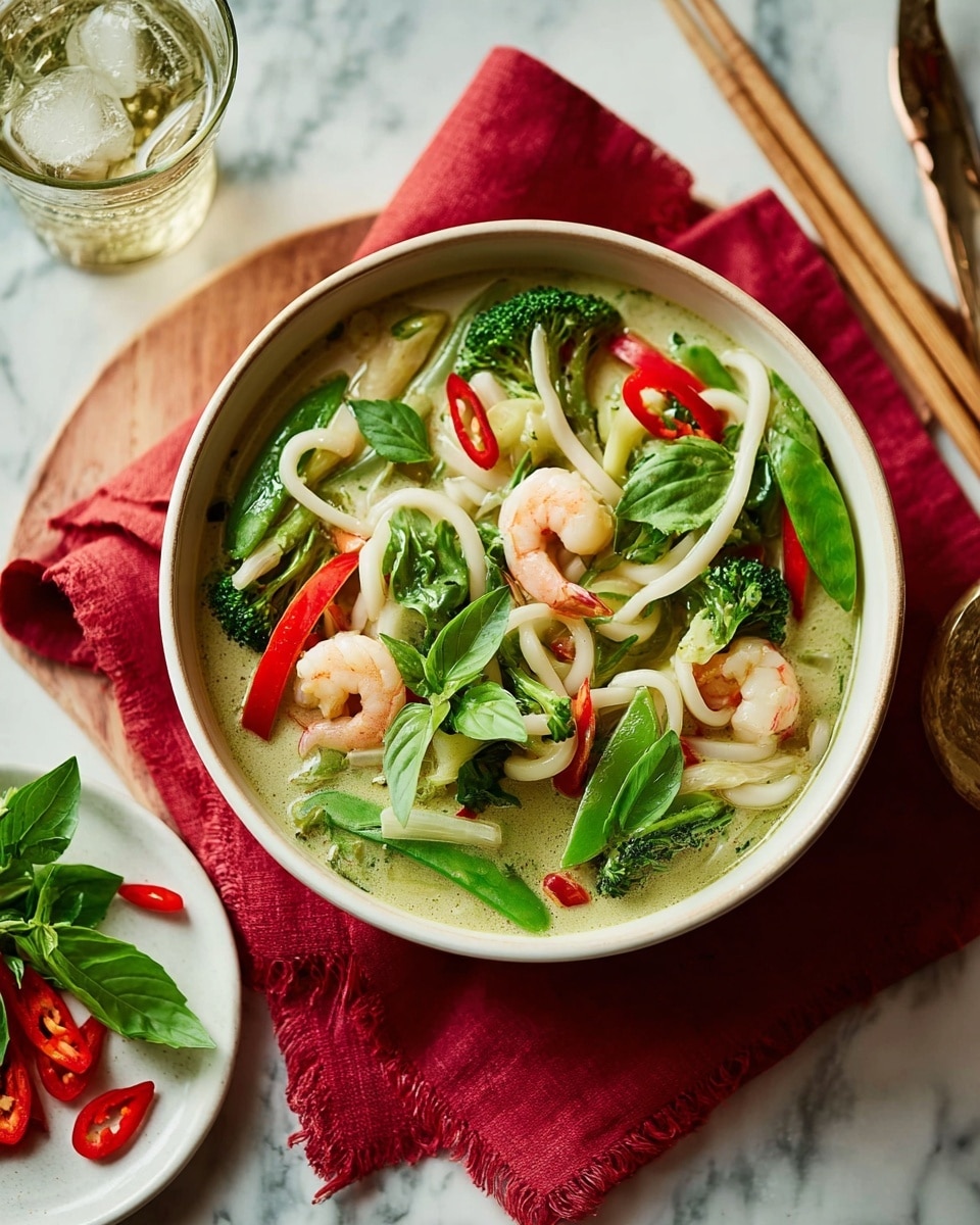 A white bowl filled with a colorful soup sits on top of a folded dark red cloth. The soup has three layers: the creamy light green broth at the bottom, a middle layer of thick white noodles and baby corn, and the top layer of mixed vegetables and shrimp. The shrimp are pink and curled, scattered evenly throughout. Bright green leaves and herbs, slices of red chili pepper, green beans, and a strip of red bell pepper rest on the surface. The bowl is on a white marbled surface, next to a small white plate holding fresh green leaves and red chili slices, with a pair of wooden chopsticks resting beside it. A clear glass of water with ice is also nearby. Photo taken with an iphone --ar 4:5 --v 7