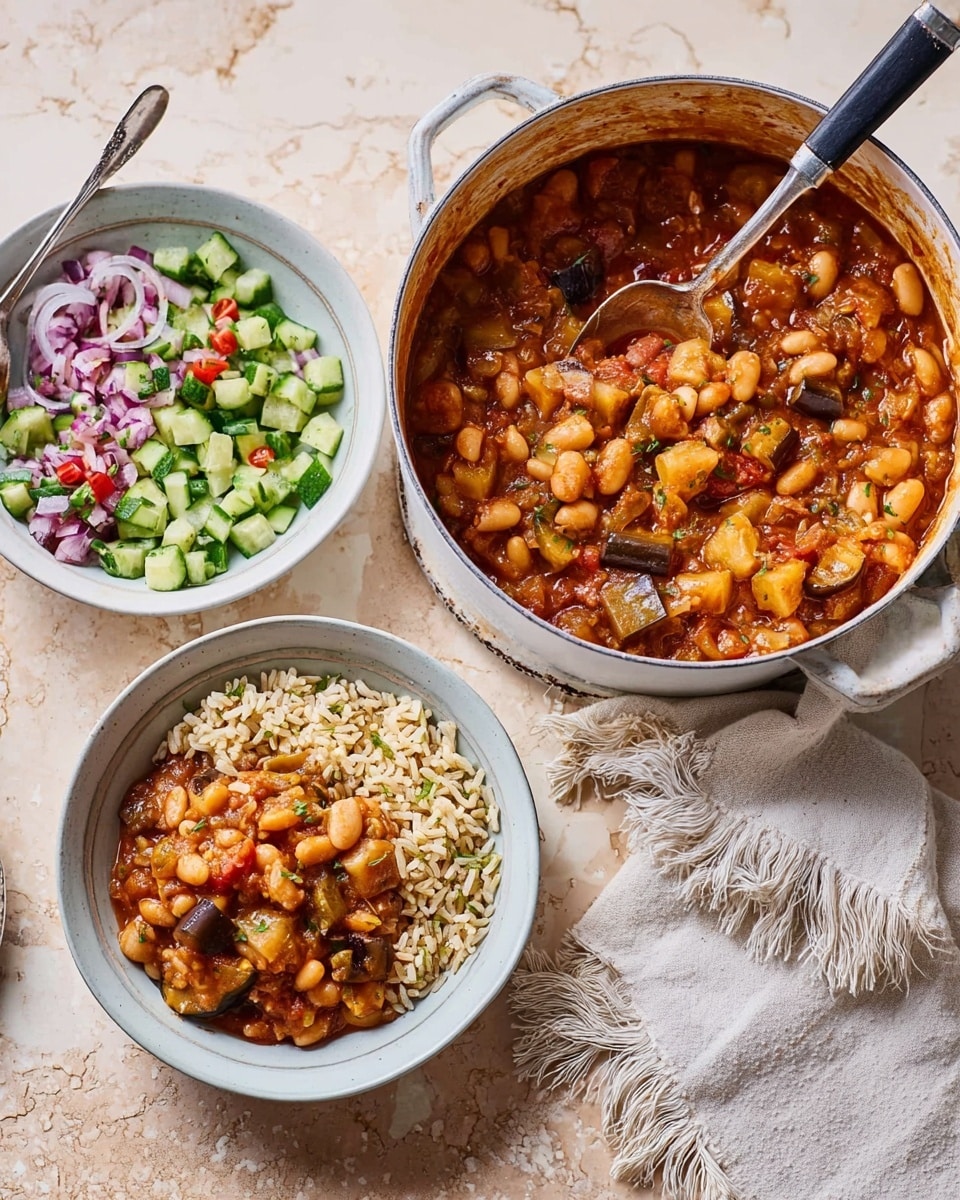 The image shows a meal with three white bowls on a white marbled surface: the largest bowl holds a thick stew with large white beans, chunks of eggplant, and a rich reddish-brown sauce, with a spoon resting inside; a medium bowl contains a layered dish with a bottom of cooked brown rice, topped with the same stew, and a fresh salad of diced cucumbers and red onions on top; the smallest bowl has only the fresh salad made of diced cucumbers, red onions, and small pieces of another vegetable, showing bright green and purple colors. A light gray fringed cloth lay to the right side. photo taken with an iphone --ar 4:5 --v 7