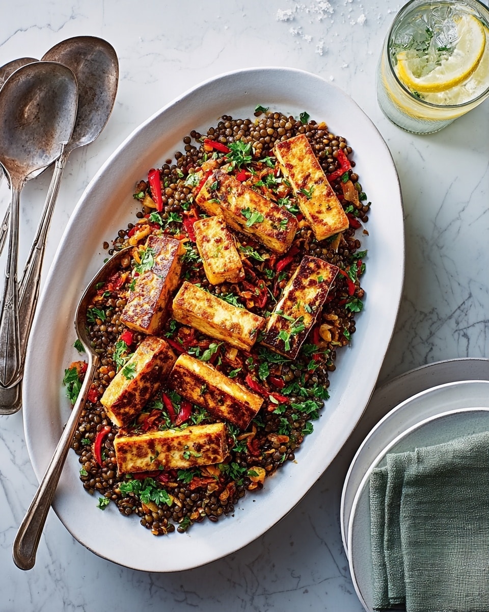 A white oval plate holds a colorful dish layered with black lentils mixed with small pieces of red and orange bell peppers and herbs, forming the base. On top, there are grilled golden brown tofu pieces arranged evenly, showing a crispy texture with char marks. The lentil layer is textured and slightly glossy, while the tofu has a firm, browned surface. The dish is garnished with fresh green cilantro leaves and sprinkled with white seeds. The plate sits on a white marbled surface with a soft white cloth partially under it. Next to the plate, there is a white round plate with two forks on a grey-green napkin, and a glass of water with a slice of lemon nearby. Photo taken with an iphone --ar 4:5 --v 7
