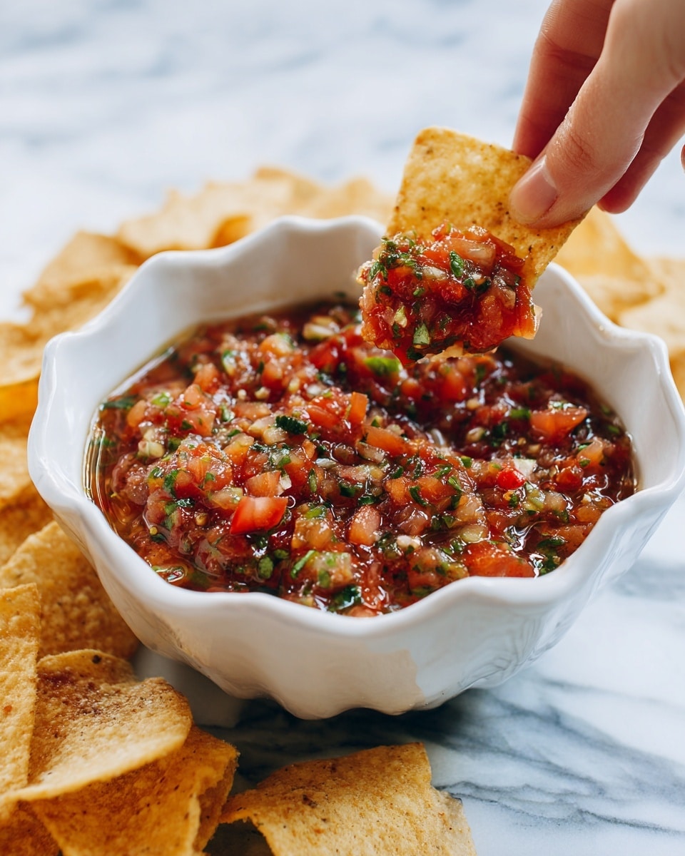 A white bowl with scalloped edges is filled with chunky salsa that shows layers of finely chopped red tomatoes, white onions, and green herbs mixed throughout, creating a colorful and textured mix. The bowl is placed on a white marbled surface, surrounded by crispy, golden tortilla chips with visible seeds and slight browning. A woman's hand is dipping one triangle-shaped chip into the salsa near the bowl’s edge, highlighting the contrast between the smooth chip and the rough salsa. The scene is bright and fresh, focusing on the vibrant, mixed textures of the salsa and the crispiness of the chips. photo taken with an iphone --ar 4:5 --v 7