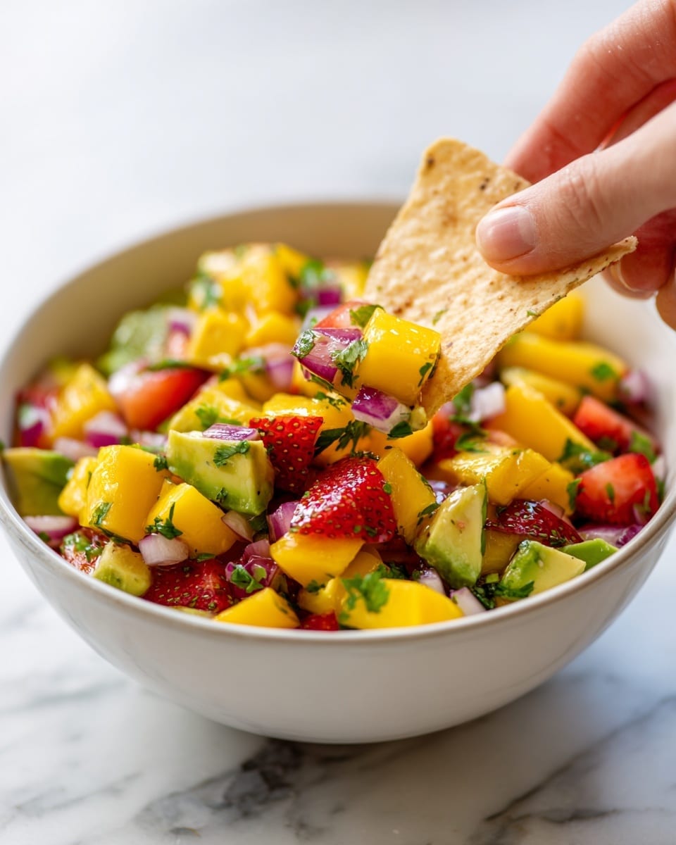 A close-up of a white bowl filled with a colorful salsa mix, showing about four layers: the bottom layer with bright yellow mango cubes, above it diced red strawberries, next diced green avocado chunks, and on top finely chopped cilantro leaves scattered evenly. A woman's hand dips a small light beige chip into the salsa, lifting it gently. The background is a white marbled texture with a strawberry and another white bowl blurred softly. photo taken with an iphone --ar 4:5 --v 7