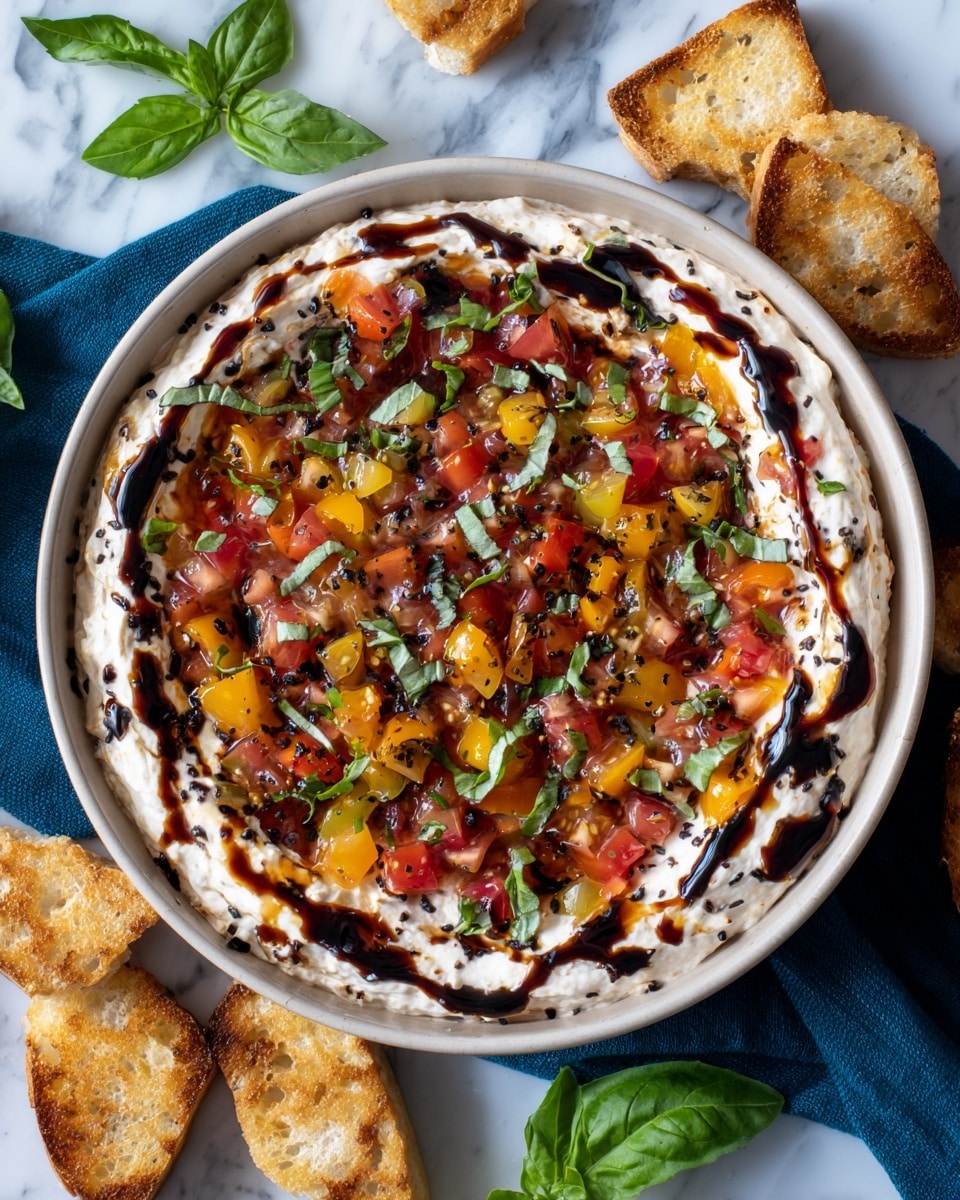 A bowl filled with three distinct layers, starting with a smooth, white creamy base that spreads evenly across the bottom. On top of this, there is a colorful mix of diced red, yellow, and orange tomatoes scattered generously, their shiny, juicy textures catching the light. Fresh green basil leaves are scattered across the tomatoes, adding brightness and contrast. Thin swirls of dark balsamic glaze zigzag over the tomato layer, enhancing the visual depth and richness. The bowl sits on a white marbled surface, surrounded by torn white bread pieces and fresh basil leaves resting casually nearby, with a blue cloth partially underneath the bowl. Photo taken with an iphone --ar 4:5 --v 7