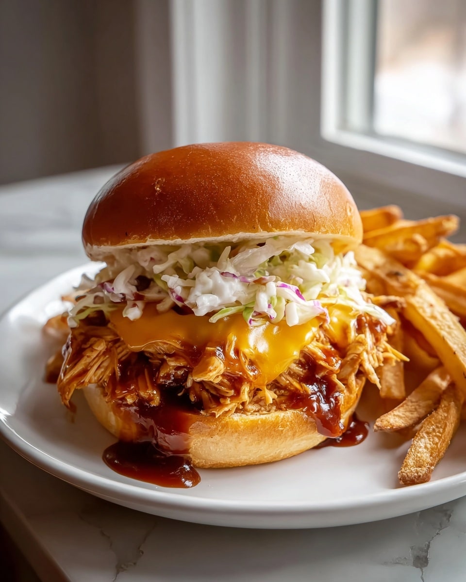 A pulled chicken sandwich on a soft, shiny, brown bun with a slightly glossy top, layered with shredded, saucy pulled chicken that has a rich dark red barbecue sauce dripping slightly, topped with a slice of melted yellow cheddar cheese and a portion of creamy white coleslaw with thin cabbage and carrot strips, all served on a white plate with thick, golden-brown French fries scattered around the sandwich, placed on a white marbled surface near a window. photo taken with an iphone --ar 4:5 --v 7