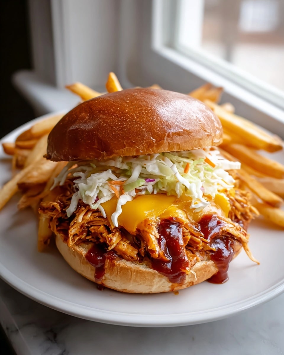 A pulled chicken sandwich on a soft, shiny, golden brown bun, layered with tender shredded chicken soaked in dark, glossy barbecue sauce that drips slightly over the edges; on top of the chicken is a melted slice of orange cheddar cheese, and above that is a scoop of creamy, white and light green coleslaw with bits of purple cabbage. The sandwich sits on a white plate scattered with golden brown, crispy fries. The scene is set against a white marbled surface near a bright window. Photo taken with an iphone --ar 4:5 --v 7