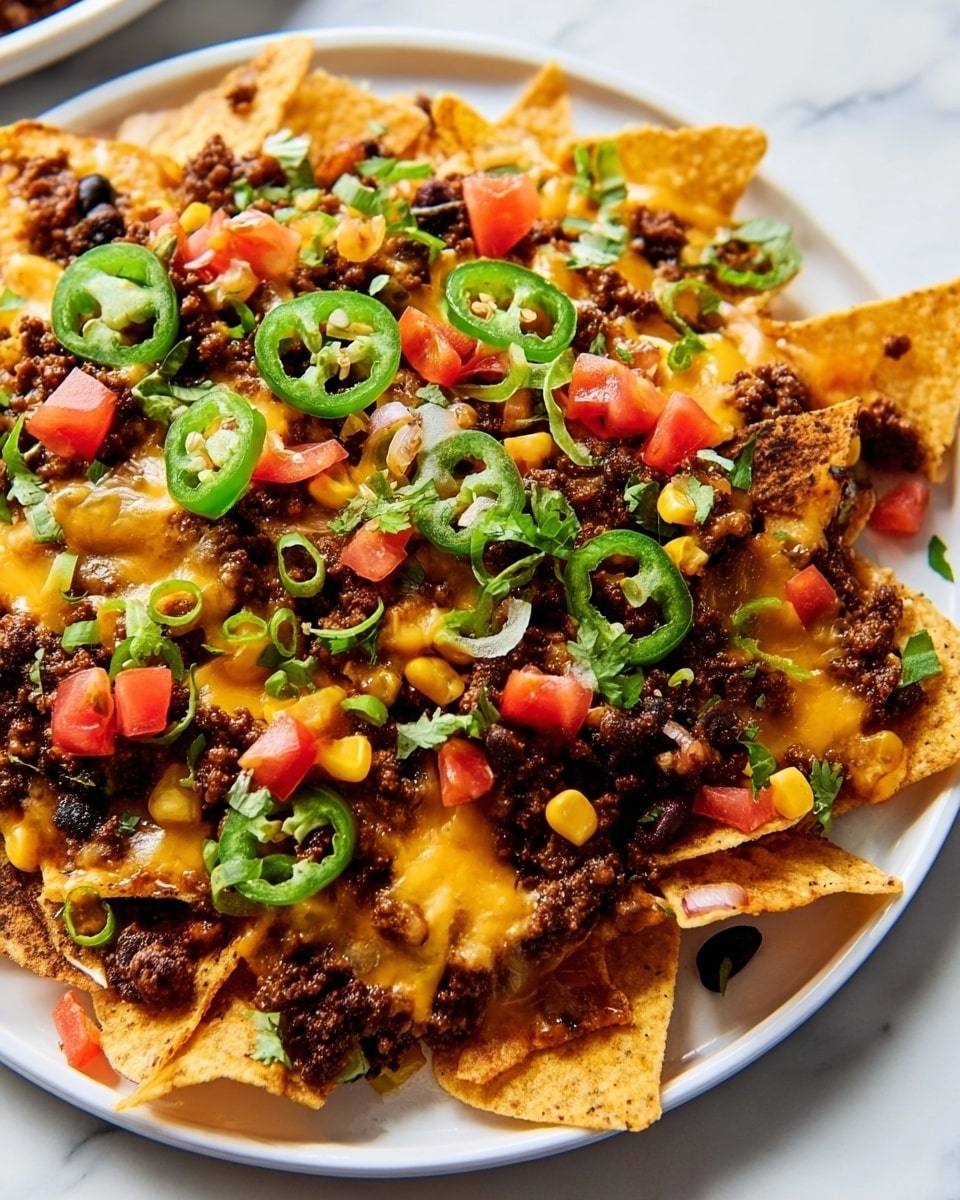 A white plate holds a single layer of triangular yellow corn chips as the base, topped with a thick layer of browned ground beef mixed with black beans. Melted orange cheddar cheese spreads evenly over the meat and beans. Bright green slices of jalapeño and rings of pale green scallions are scattered over the top, along with small pieces of red tomato and yellow corn kernels. A few green cilantro leaves are placed as garnish. The background shows a white marbled texture. Photo taken with an iphone --ar 4:5 --v 7