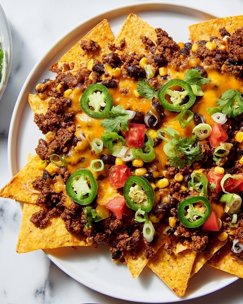A white plate is filled with one layer of crispy golden-yellow tortilla chips, topped with a thick layer of melted orange cheddar cheese and dark brown seasoned ground beef mixed with black beans. On top, there are bright green sliced jalapeños, thin light green rings of scallions, small chopped red tomatoes, yellow corn kernels, and a few green cilantro leaves scattered around. The chips and toppings cover the plate fully, with rich colors and textures clearly visible against the white plate and white marbled background. Photo taken with an iphone --ar 4:5 --v 7