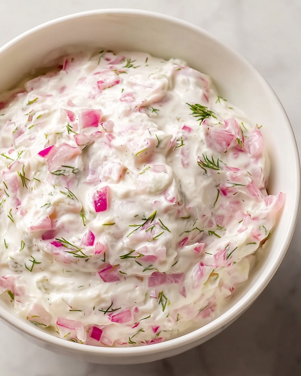 A white bowl filled with a thick creamy white yogurt mixture that has small chunks of pinkish-red onion and tiny green dill leaves scattered throughout. The texture looks smooth with some visible pieces of onion and herbs, giving it a fresh and slightly chunky appearance. The bowl sits on a white marbled surface, giving a clean and simple look. photo taken with an iphone --ar 4:5 --v 7