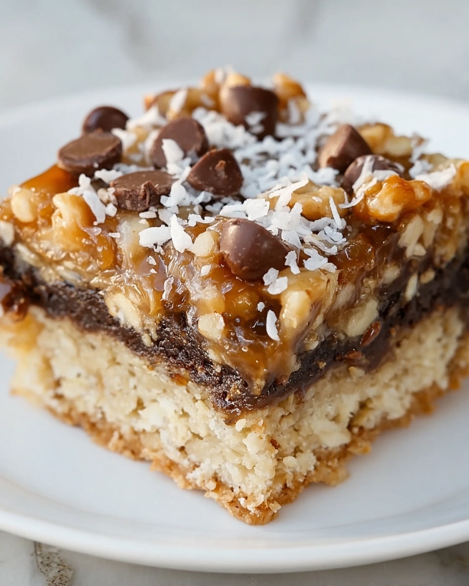 A close-up view of a layered square dessert bar on a white plate with a white marbled texture background. The bottom layer is a crumbly, light golden crust. Above it is a thick, dark chocolate layer mixed with oats or crunchy bits. The top layer is a sticky caramel glaze covered with walnuts, dark and milk chocolate chips, white coconut flakes, and a sprinkle of coarse salt. The caramel layer looks shiny and slightly textured with visible nuts and chips embedded. Photo taken with an iphone --ar 4:5 --v 7