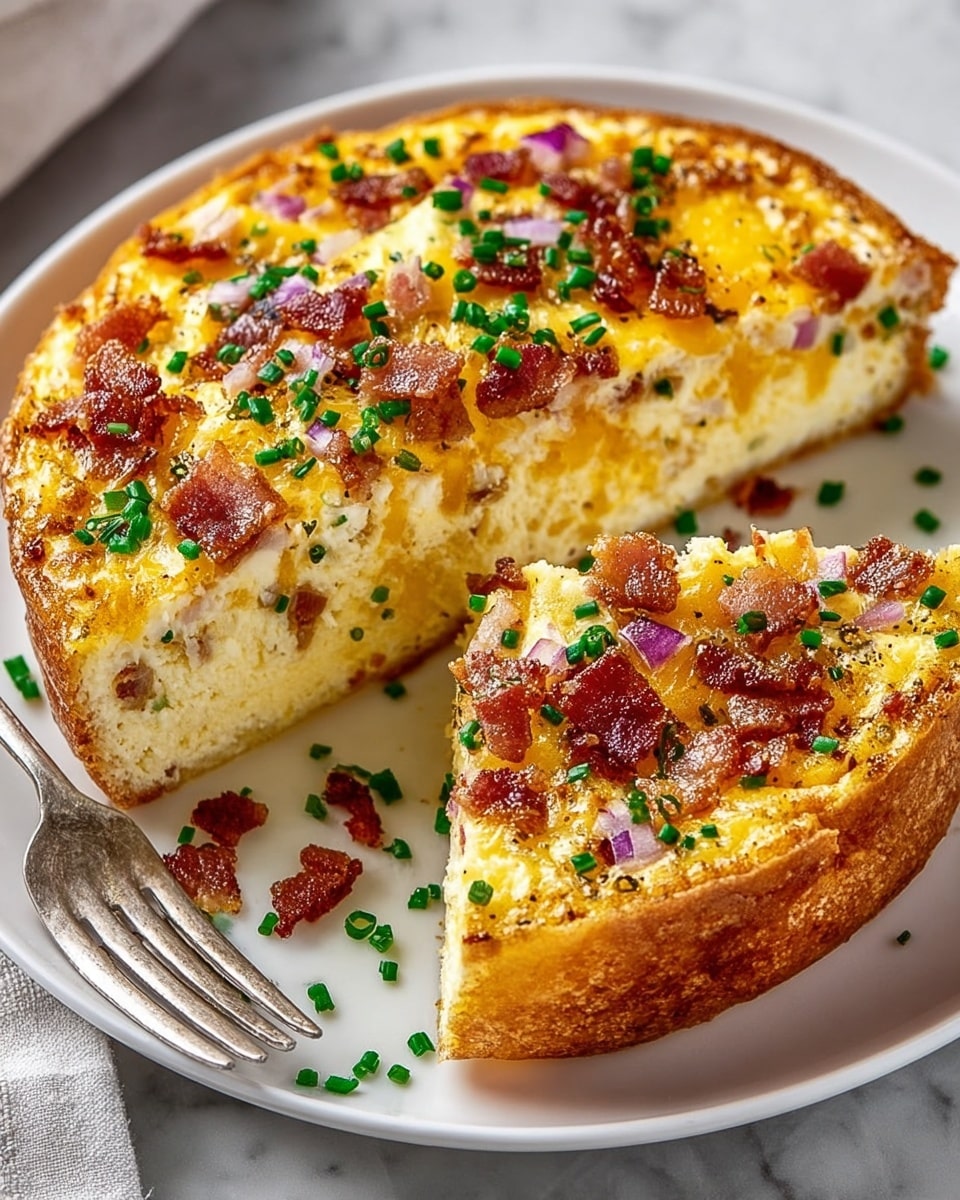 A thick slice of a round quiche is cut out, showing three visible layers: a golden-brown thick crust at the bottom and sides, a fluffy pale yellow egg mixture filling the middle, and a top layer covered with melted cheddar cheese in bright yellow and orange tones. The top is sprinkled with small dark red-brown crispy bacon pieces, finely chopped purple-red onion bits, and fresh green chopped chives. The quiche sits on a white plate with a silver fork beside it, all placed on a surface with a white marbled texture. photo taken with an iphone --ar 4:5 --v 7