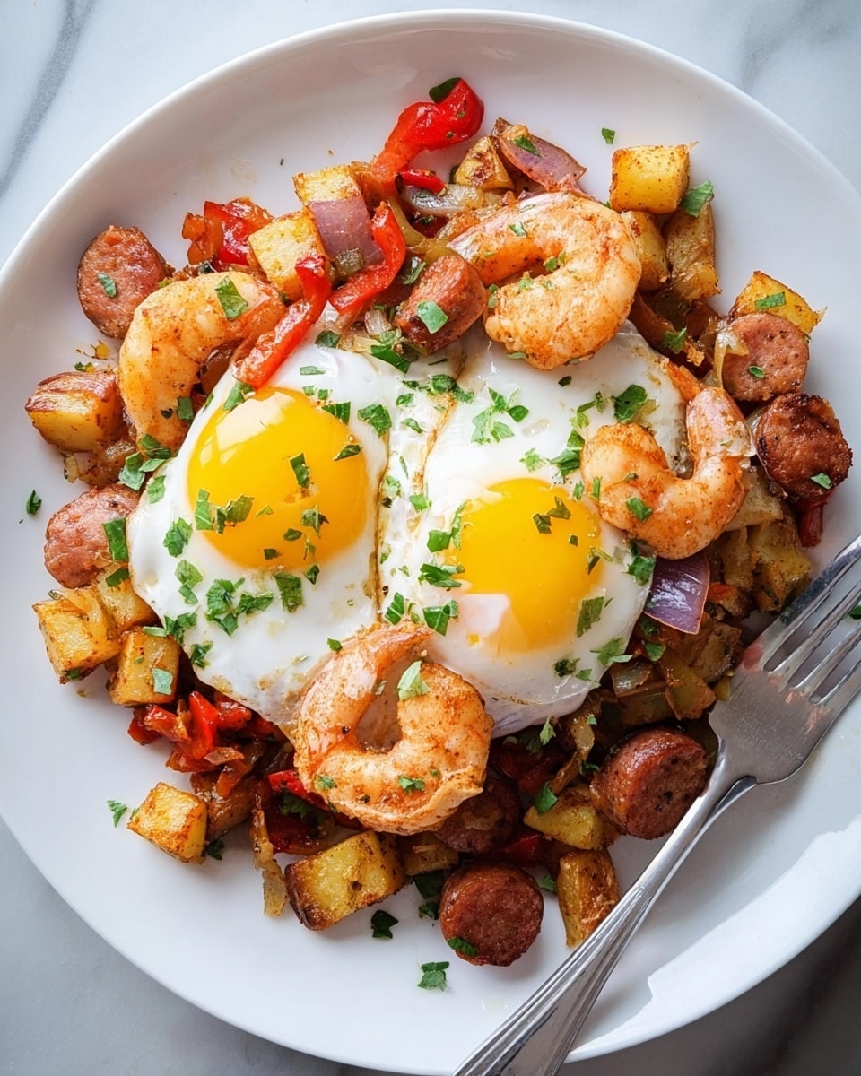 A white plate holds a colorful dish with three clear layers: the base layer is a mix of golden-brown fried potato cubes and browned sausage slices scattered evenly; on top of this is a layer of sautéed onions, red bell peppers, and small green herbs sprinkled all over; the top layer features two sunny-side-up eggs with bright yellow yolks, surrounded by several pinkish-orange cooked shrimp. A silver fork rests on the plate edge on the right side, and the whole scene is set on a white marbled texture surface. photo taken with an iphone --ar 4:5 --v 7