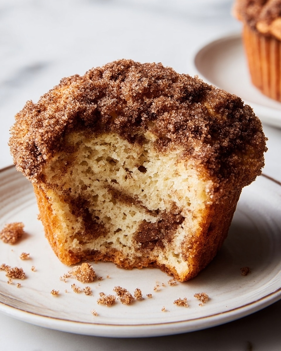 A close-up of a cinnamon crumb muffin with one side bitten off to show its soft, moist inside. The muffin has two main layers: the bottom layer is a light golden cake with a slightly crumbly texture, and the top layer is a thick, coarse brown cinnamon sugar crumb topping that looks crunchy and grainy. The muffin sits on a white plate with a thin decorative edge, placed on a white marbled surface with some crumbs scattered around. Photo taken with an iphone --ar 4:5 --v 7