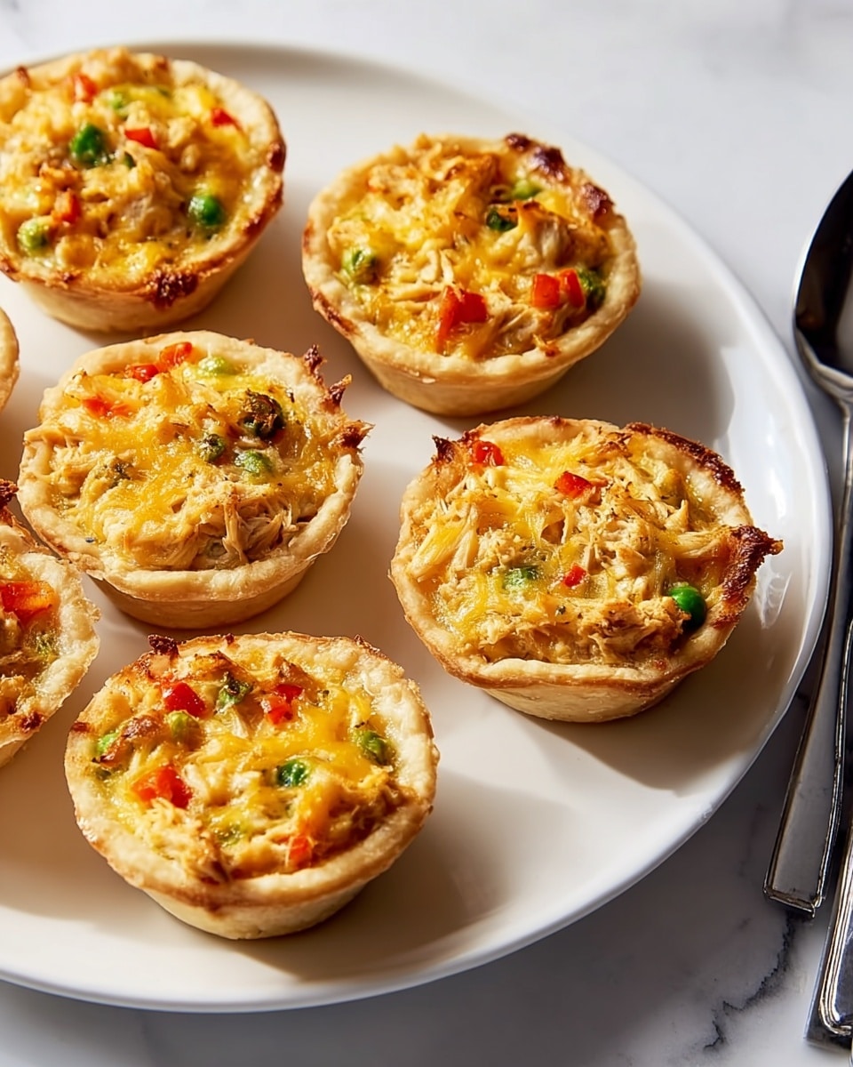 Six small savory tarts sit on a round white plate over a white marbled surface, each tart about the same size. Each tart has a thin golden-brown crust forming a cup shape holding the filling, which is a mix of melted light yellow cheese, small bright green peas, small red bell pepper pieces, and bits of cooked onion visible throughout. The top layer is slightly browned and crispy in places, with some tarts showing small green onion slices as garnish. The edges of the crusts are darker golden and slightly uneven, creating a crispy texture contrast. A shiny metal spoon lies to the right side of the plate. photo taken with an iphone --ar 4:5 --v 7