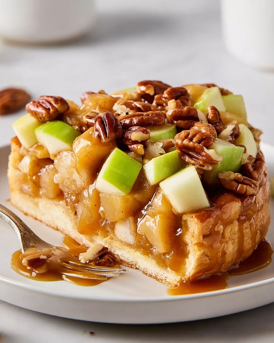 A thick slice of apple dessert sits on a white plate with a silver fork beside it. The bottom layer is a golden-brown crust with a soft texture. Above the crust, there is a dense layer of cooked apples that look slightly soft and light brown. On top of that, there are small cubes of fresh green and white apples, mixed with whole pecans. The entire slice is generously covered with shiny caramel sauce that drips down the sides and pools slightly on the plate. The background is a white marbled texture. photo taken with an iphone --ar 4:5 --v 7