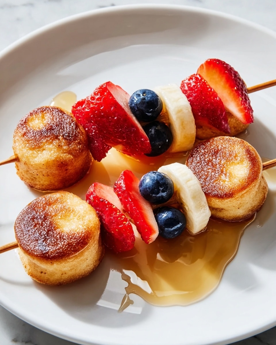 The image shows three wooden skewers on a white plate, each skewer holding two small, round, golden-brown mini pancakes with a slightly crispy texture. Between the pancake pieces on each skewer, there are colorful fruit slices: bright red strawberry pieces, deep blue blueberries, and creamy yellow banana slices with a soft texture. A light drizzle of amber-colored syrup pools around the skewers and fruit on the plate, adding a glossy shine. The white marbled surface beneath the plate enhances the bright and fresh appearance of the dish. photo taken with an iphone --ar 4:5 --v 7