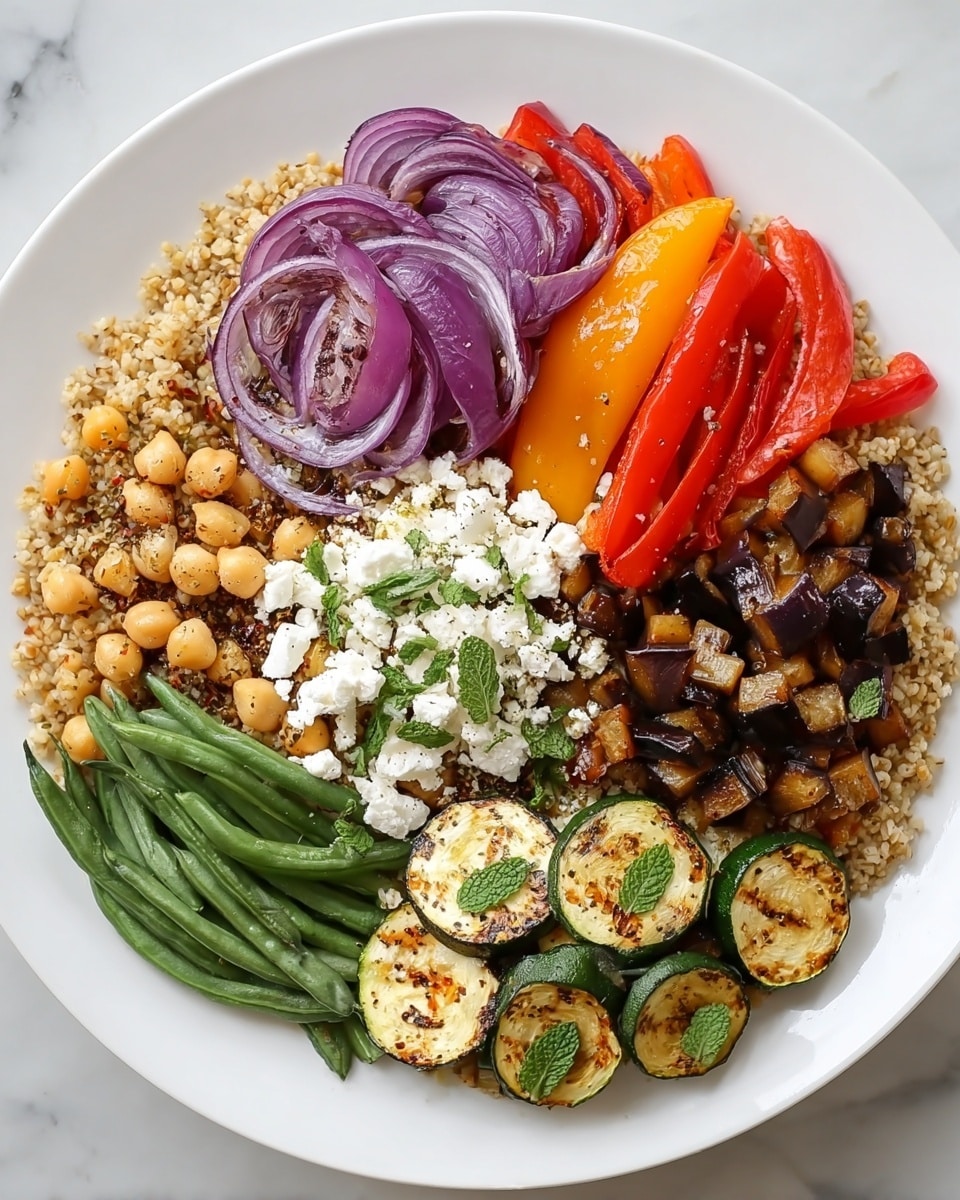 A white bowl holds a colorful healthy dish with six clear layers arranged side by side. Starting from the top left, there are browned chunks of cooked eggplant with a slightly soft texture. Next to it is a layer of crumbled white cheese mixed with herbs. To the right are thin rings of bright purple raw onion sprinkled with seasoning. Below the cheese and onions is a layer of cooked bulgur wheat mixed with chickpeas. At the bottom center are grilled round slices of zucchini with dark grill marks. On the bottom left corner, there are fresh green beans, and beside them on the right, bright red roasted bell pepper strips and thin carrot sticks topped with a few small green mint leaves. The bowl sits on a white marbled surface. photo taken with an iphone --ar 4:5 --v 7