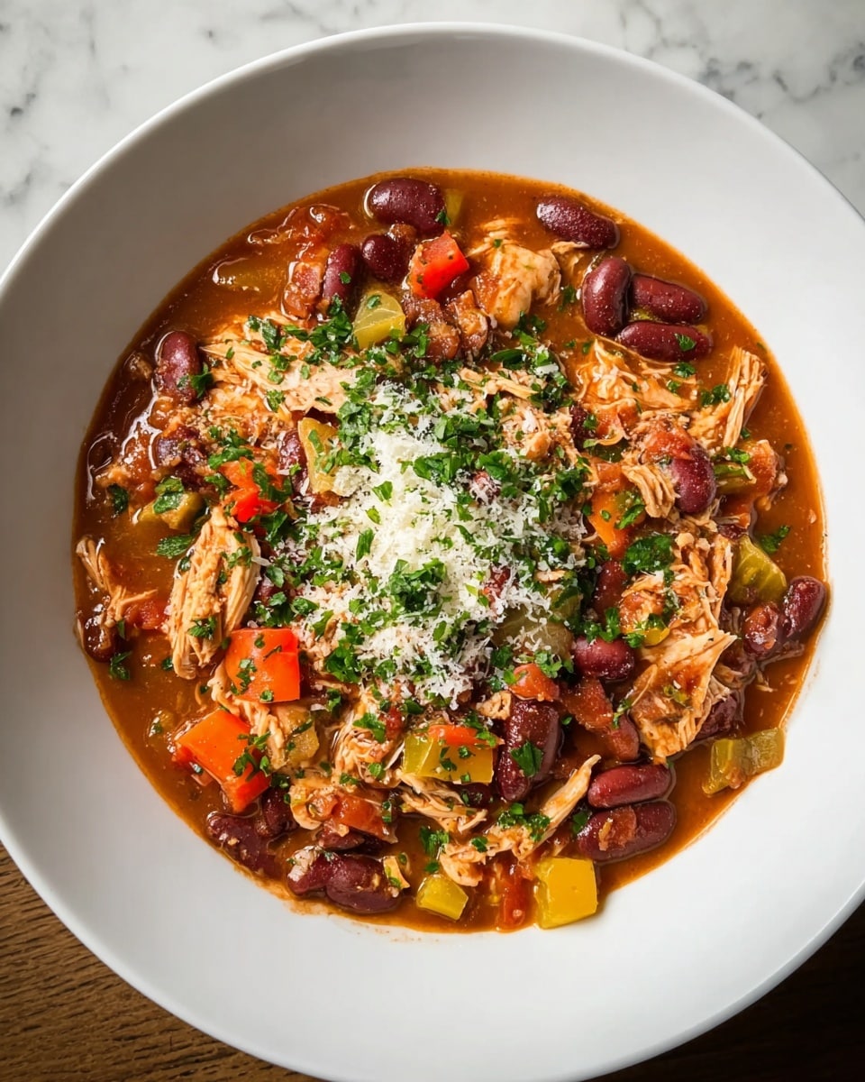A white bowl with a thick stew inside, showing three visible layers: the bottom layer is a rich reddish-brown broth with whole kidney beans scattered around, the middle layer has chunks of diced yellow and red vegetables mixed in the stew, and the top layer features shredded light brown meat covered with green parsley and a sprinkle of white grated cheese, all sitting on a wooden surface replaced by a white marbled texture. photo taken with an iphone --ar 4:5 --v 7