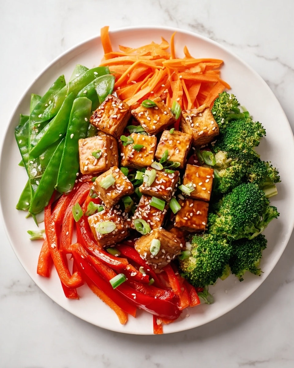 A white plate holds a colorful stir-fry with three main layers. The bottom layer is thin, bright orange carrot sticks and thin red bell pepper strips, spread across the plate with some green broccoli florets mixed in. On top of this is a layer of shiny, dark golden brown tofu cubes. The tofu cubes are sprinkled with white sesame seeds and small chopped green onion pieces. Bright green snow peas are arranged around and on top, adding fresh color. The dish is placed on a white marbled texture surface. Photo taken with an iphone --ar 4:5 --v 7