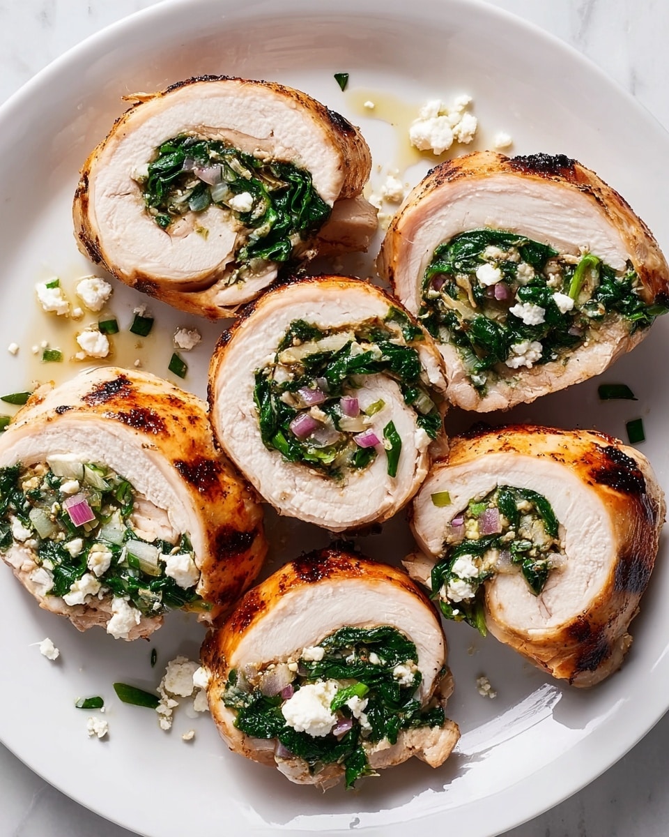 Seven slices of stuffed chicken breast are arranged on a white plate with a simple rim, placed on a white marbled surface. Each slice shows three distinct layers: a golden brown, lightly charred outer chicken layer, a middle layer filled with dark green cooked spinach, and an inner mix of crumbly white cheese and small pieces of purple-red onion. The chicken looks juicy and tender, with some of the filling slightly spilling out. Light reflections on the plate highlight the moist surface of the chicken. Photo taken with an iphone --ar 4:5 --v 7