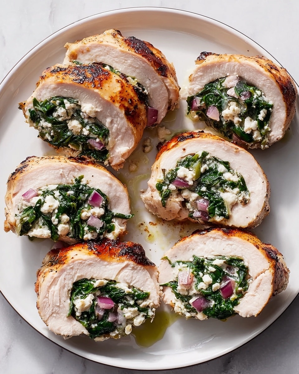 A white plate holds seven thick slices of stuffed chicken roll, each slice showing three layers: the outer layer is golden-brown grilled chicken breast, the middle layer is a bright green spinach filling mixed with small pieces of red onion, and the innermost layer has crumbled white cheese. The chicken looks juicy with a slight shine, and the stuffing appears fresh and colorful. Small bits of spinach and cheese are scattered around the plate, which is placed on a white marbled surface. Photo taken with an iphone --ar 4:5 --v 7
