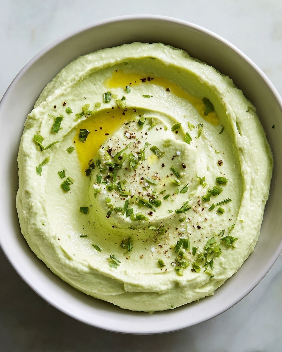 A white bowl filled with one thick layer of pale green, creamy dip that looks smooth and slightly whipped, topped with a drizzle of golden olive oil forming a shiny curved path on the surface, scattered small pieces of chopped green herbs evenly spread in the center, and a light dusting of coarse black pepper and salt. The bowl sits on a white marbled textured surface. photo taken with an iphone --ar 4:5 --v 7