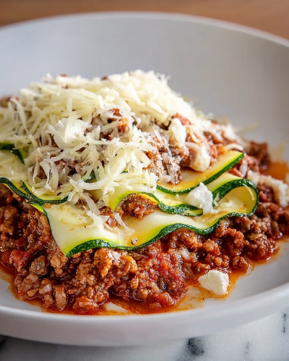 This dish shows a low, wide layer of chunky brown cooked ground meat in a reddish sauce at the bottom, topped with thin, pale green and white zucchini ribbons that fold loosely over the meat, and scattered white dollops of soft cheese. On top there is a spread of shredded pale yellow cheese that covers most of the surface. The food is on a white plate with a white marbled texture surface in the background. Photo taken with an iphone --ar 4:5 --v 7