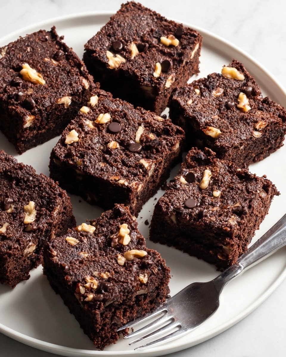 A white plate holds eight square brownie pieces arranged closely with one piece slightly pulled away showing the soft texture inside. Each brownie is dark brown with a rough surface filled with small chunks of chocolate chips and bits of light-colored nuts scattered evenly throughout. The edges of the brownies look slightly crisp while the inside appears moist and dense. A silver fork rests on the plate to the right side, all set on a white marbled texture background. Photo taken with an iphone --ar 4:5 --v 7