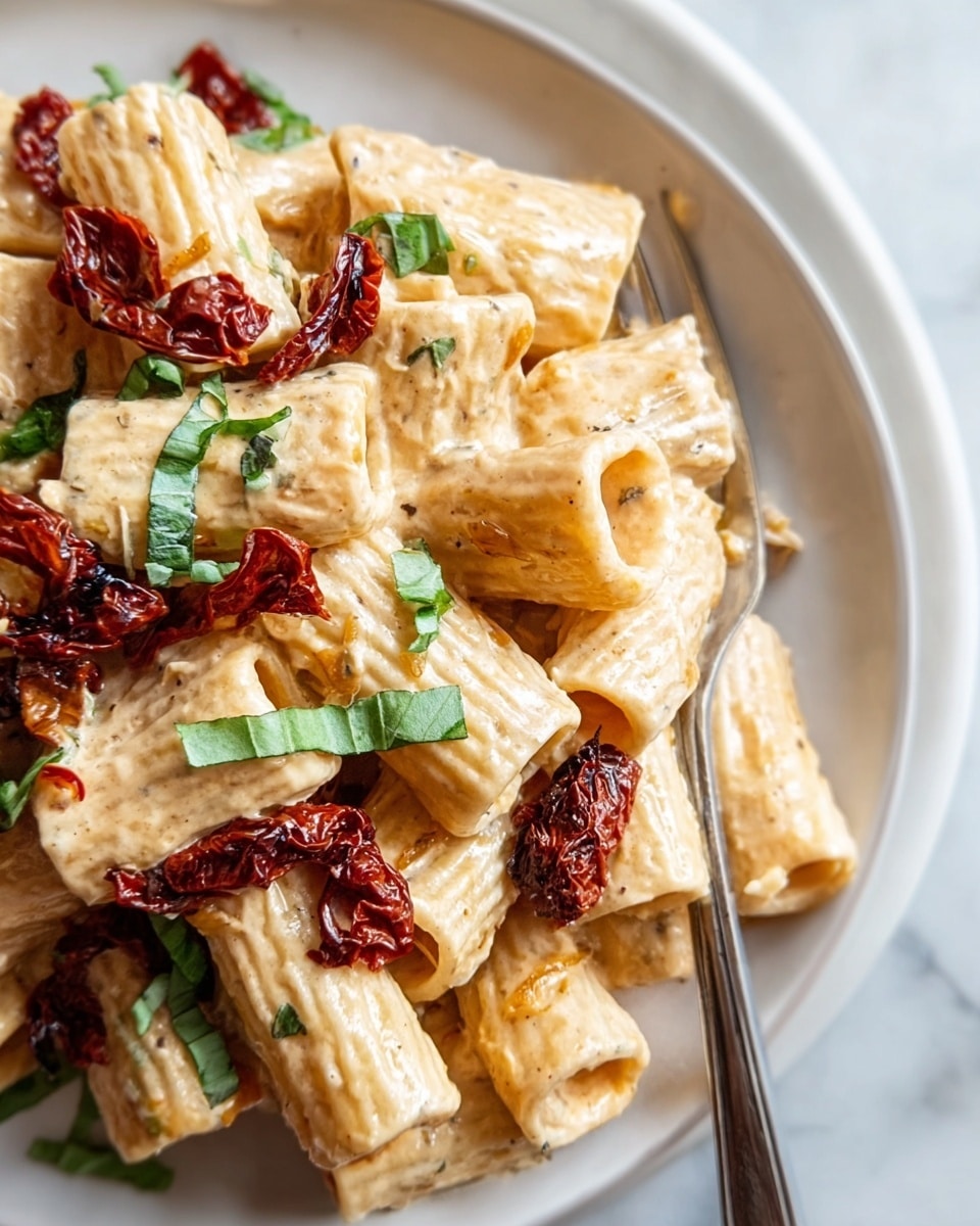 The dish is a close-up of rigatoni pasta coated in a creamy light orange sauce, mixed with sun-dried tomatoes that have a deep red, wrinkled texture scattered on top and within the pasta. Bits of fresh green basil leaves are sprinkled across the pasta for color contrast. The pasta pieces are thick and ridged, piled on a white plate with a silver fork partially visible at the side. The background shows a white marbled texture. Photo taken with an iphone --ar 4:5 --v 7