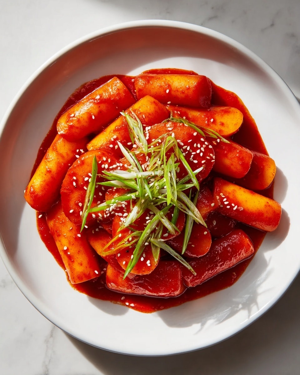 The dish shows many thick, cylindrical rice cakes covered in a bright red, glossy sauce piled in the center of a white plate. The rice cakes have a smooth texture with the sauce clinging to them, giving a shiny and slightly sticky look. On top, thin, curly strands of fresh green scallions add a pop of color, scattered along with small, off-white sesame seeds. The white plate sits against a white marbled surface that brightens the presentation. photo taken with an iphone --ar 4:5 --v 7
