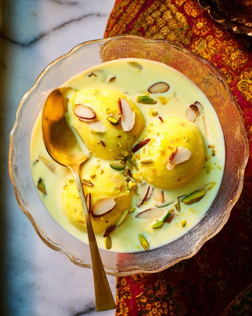Homemade Rasmalai with Saffron, Almonds, and Pistachios Recipe