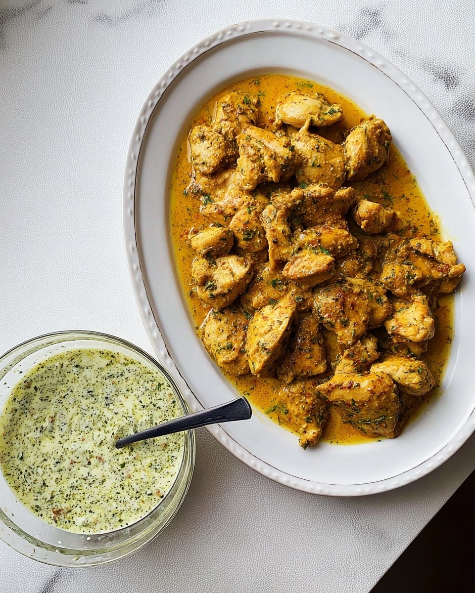 A white oval plate filled with a single layer of cooked chicken pieces covered in a thick orange-yellow sauce with green herbs spread throughout. The chicken pieces vary in size and shape, showing a mix of drumsticks and chunks with a textured, spicy coating. To the top right, a white bowl contains a creamy, pale green sauce with a slightly grainy texture and green flecks, and a silver spoon resting inside. All items are placed on a white marbled textured surface. photo taken with an iphone --ar 4:5 --v 7