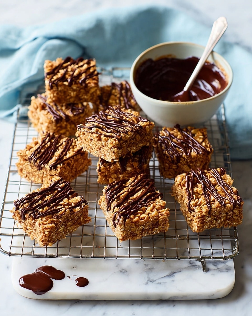 The image shows nine square granola bars with a golden-brown crumbly texture, arranged on a round wire cooling rack. Each bar is topped with a dark chocolate drizzle in a crisscross pattern, creating a shiny contrast against the rough surface of the granola. Behind the bars, there is a white bowl filled with melted dark chocolate, with a spoon resting inside and some chocolate spread on the bowl’s edge. The setup is placed on a white marbled surface, with a light blue cloth softly draped in the background. A few spots of melted chocolate are visible on the surface near the rack. photo taken with an iphone --ar 4:5 --v 7