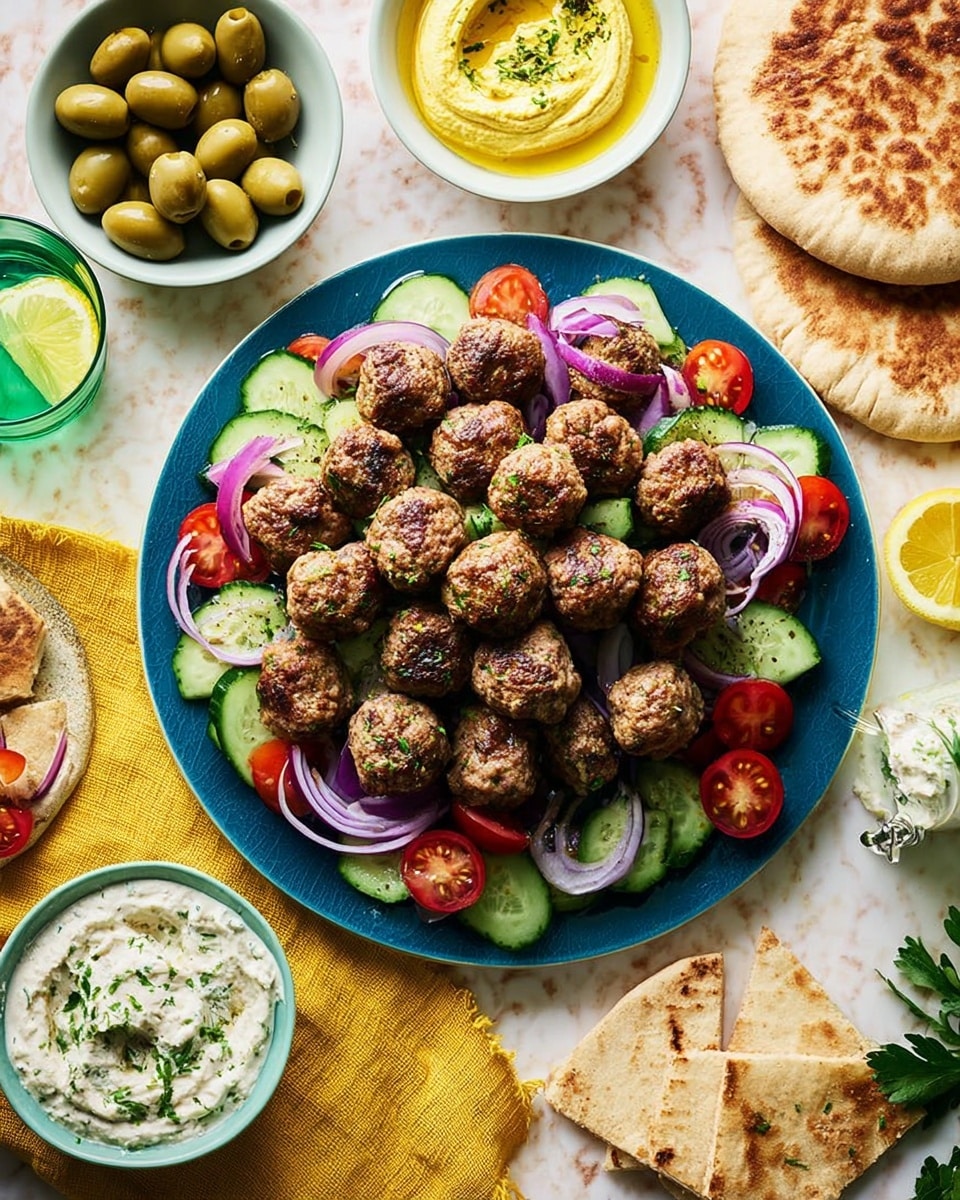 A deep blue plate is filled with several brown, crispy meatballs piled on top of a bed of fresh green cucumber chunks, thinly sliced purple onion rings, and halved red cherry tomatoes. Surrounding the plate are various small white bowls, one holding green olives, another with a creamy white sauce, and a third containing a smooth yellow hummus topped with green parsley, accompanied by a silver spoon with a wooden handle. Light-colored pita bread wedges are placed near the bowls on a white marbled surface covered with a yellow cloth. A glass of water with a slice of lemon adds a refreshing touch to the scene. photo taken with an iphone --ar 4:5 --v 7