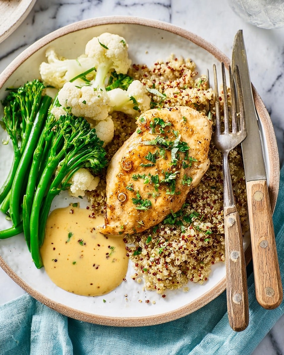 A white round plate holds a meal with three main layers: on the right side, there is a bed of light brown quinoa speckled with green herbs; on top of the quinoa sits a golden brown cooked chicken breast, slightly glossy with small green chopped herbs scattered over it; on the left side of the plate, there is a mix of green broccolini stalks, green beans, and white cauliflower florets, lightly seasoned with black pepper. A creamy light yellow sauce with bits of onion is partially under the chicken and spreads a little onto the quinoa. A fork with a light wooden handle and a knife with a silver handle rest on the right edge of the plate. The plate is placed on a white marbled surface. photo taken with an iphone --ar 4:5 --v 7