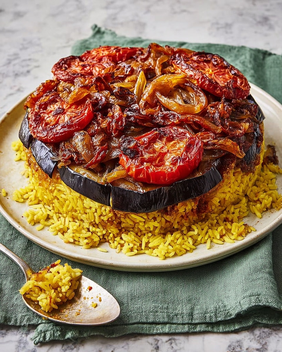 A round, thick layered dish sits on a white plate with a white marbled background beneath it. The bottom layer consists of yellow-orange rice spread around the base. Above this is a thick layer of dark roasted eggplant slices, topped by a layer of browned vegetable pieces and cooked onions. The top layer is covered with round slices of cooked red tomatoes, slightly charred and arranged closely across the surface. There is a spoon placed nearby, with a few grains of rice on it, and a crumpled green cloth is seen folded next to the plate. Photo taken with an iphone --ar 4:5 --v 7