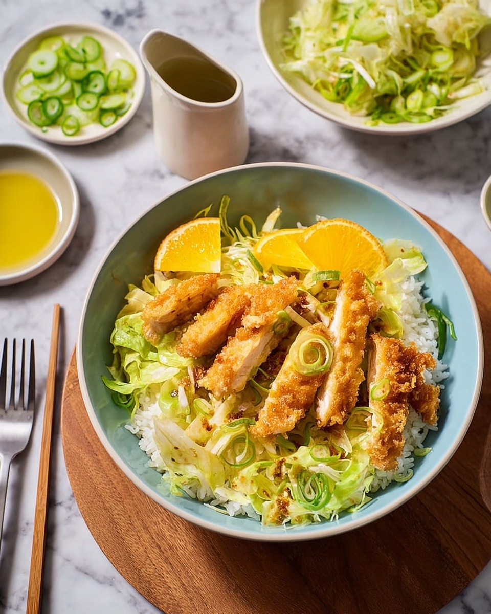 A bowl with three layers shows the dish: the bottom layer is fluffy white rice, the middle layer is thinly shredded light green lettuce, and the top layer is golden-brown fried chicken strips mixed with small bright orange slices and scattered light green sliced scallions. To the left, there is a small white bowl filled with shredded lettuce next to a smaller white bowl holding sliced scallions. A cream-colored pitcher with pale yellow liquid is on the right side, near a silver fork and wooden chopsticks resting on a white marbled surface. The bowl is placed on a wooden board with a pale pink cloth underneath photo taken with an iphone --ar 4:5 --v 7