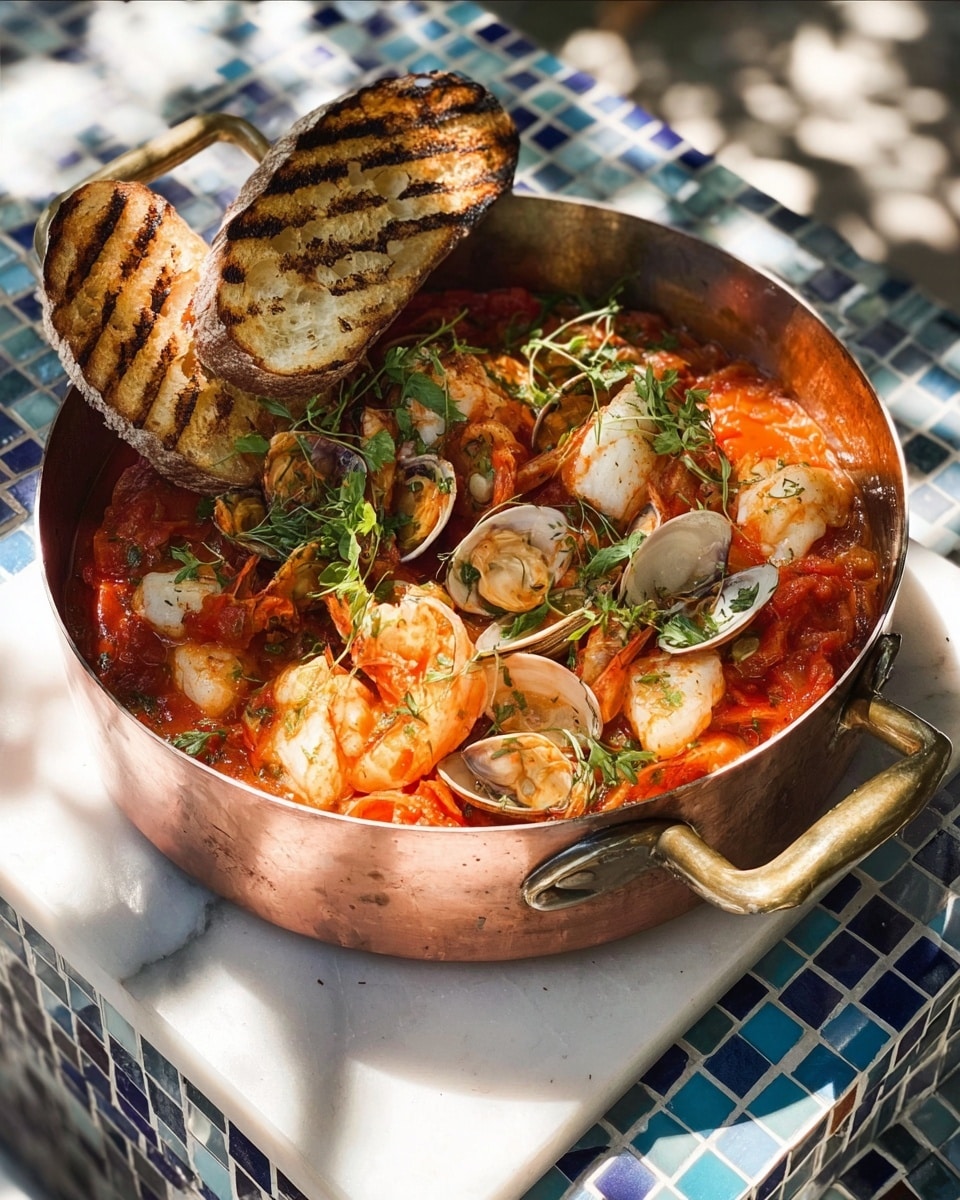 A round copper pot filled with a seafood dish containing large prawns, white fish chunks, and small clams all covered in a rich red tomato sauce with visible pieces of green parsley scattered on top. On the right side inside the pot, there are two slices of toasted bread with dark grill marks resting against the seafood. The pot is placed on a white marbled surface with a tiled pattern containing small blue diamonds. Soft sunlight creates dappled shadows on the pot and surface. A glass of pale liquid is partially visible in the background. photo taken with an iphone --ar 4:5 --v 7